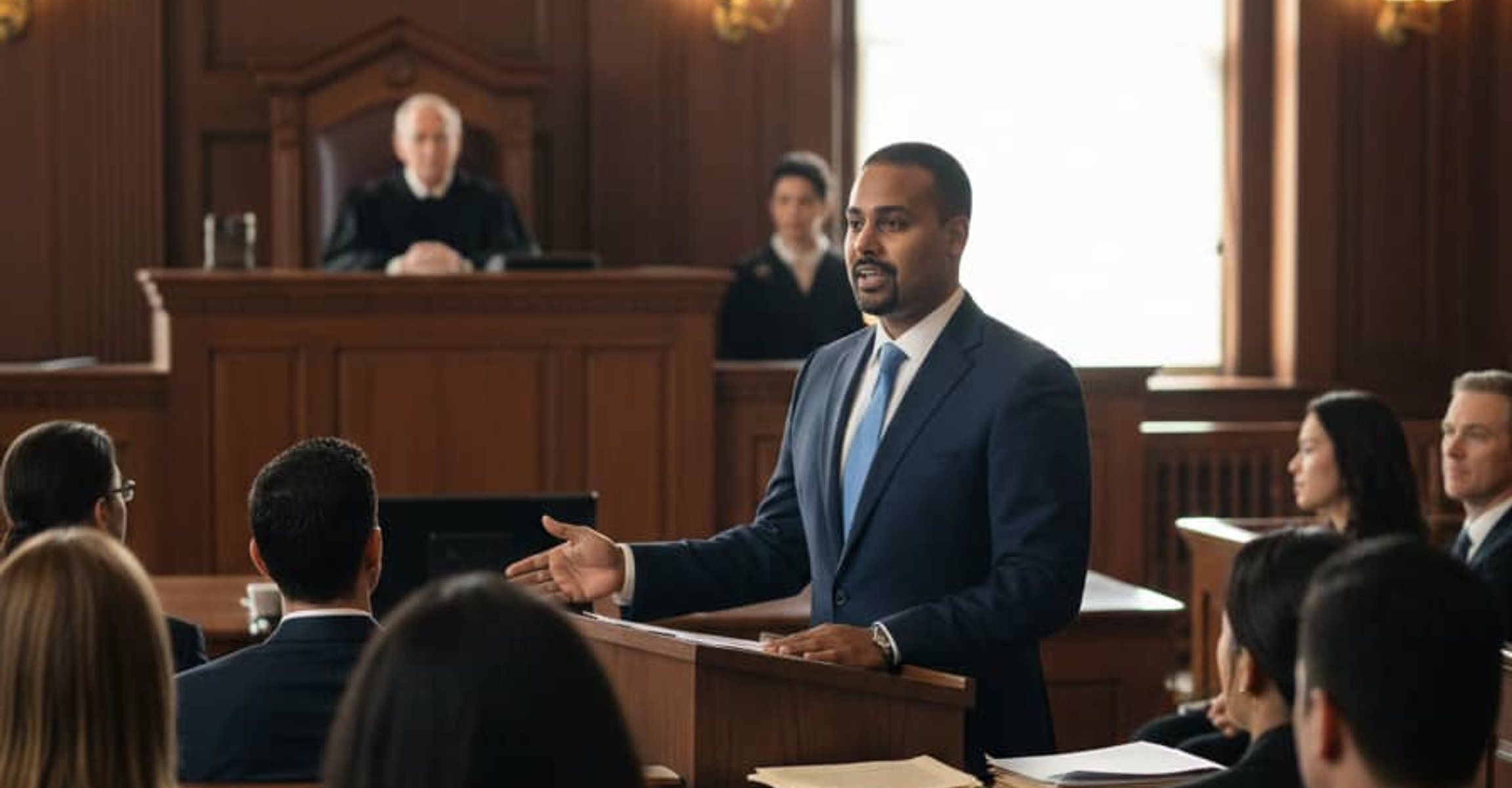 Lawyer presenting case in courtroom