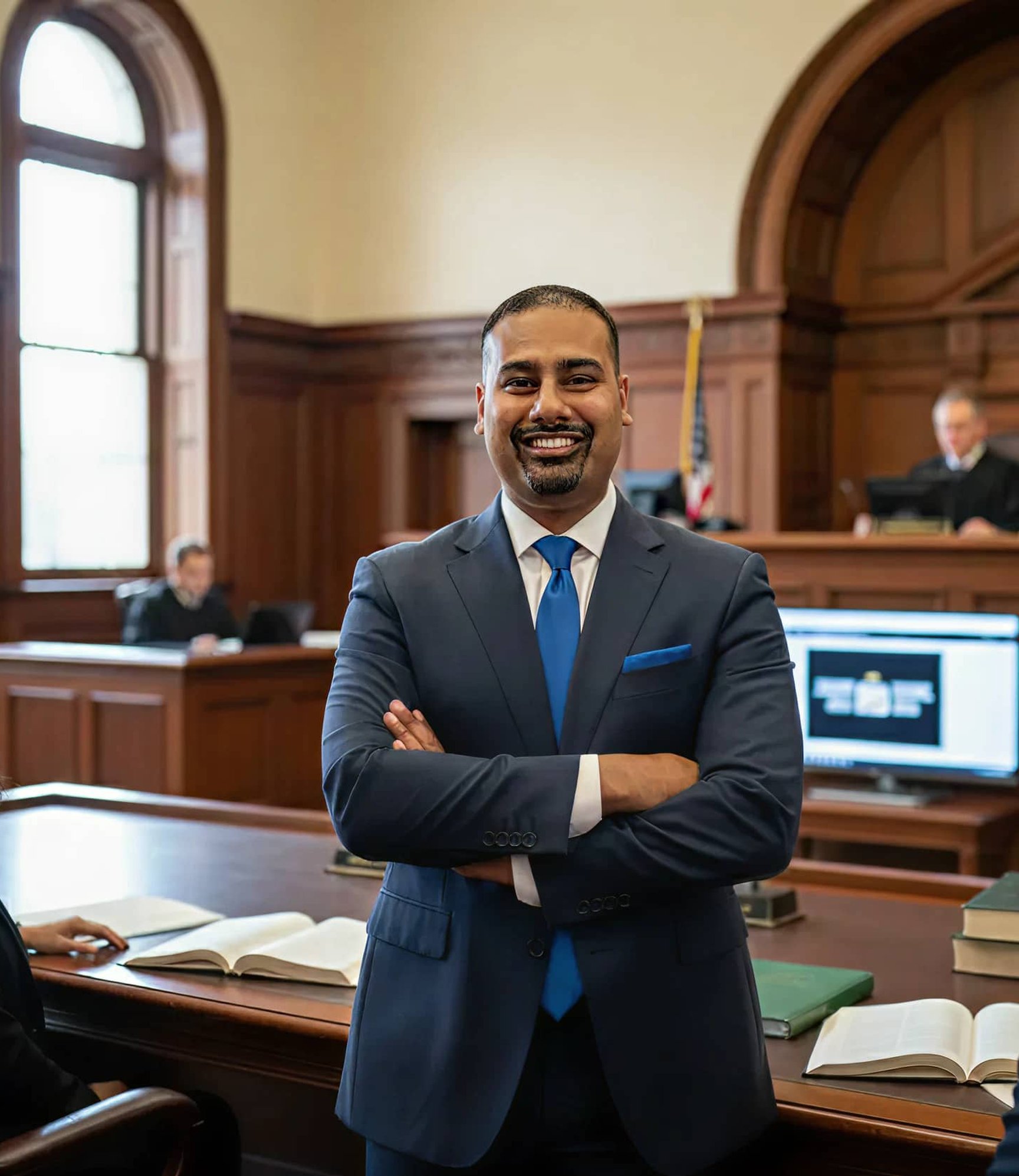 Lawyer presenting case in courtroom before judge